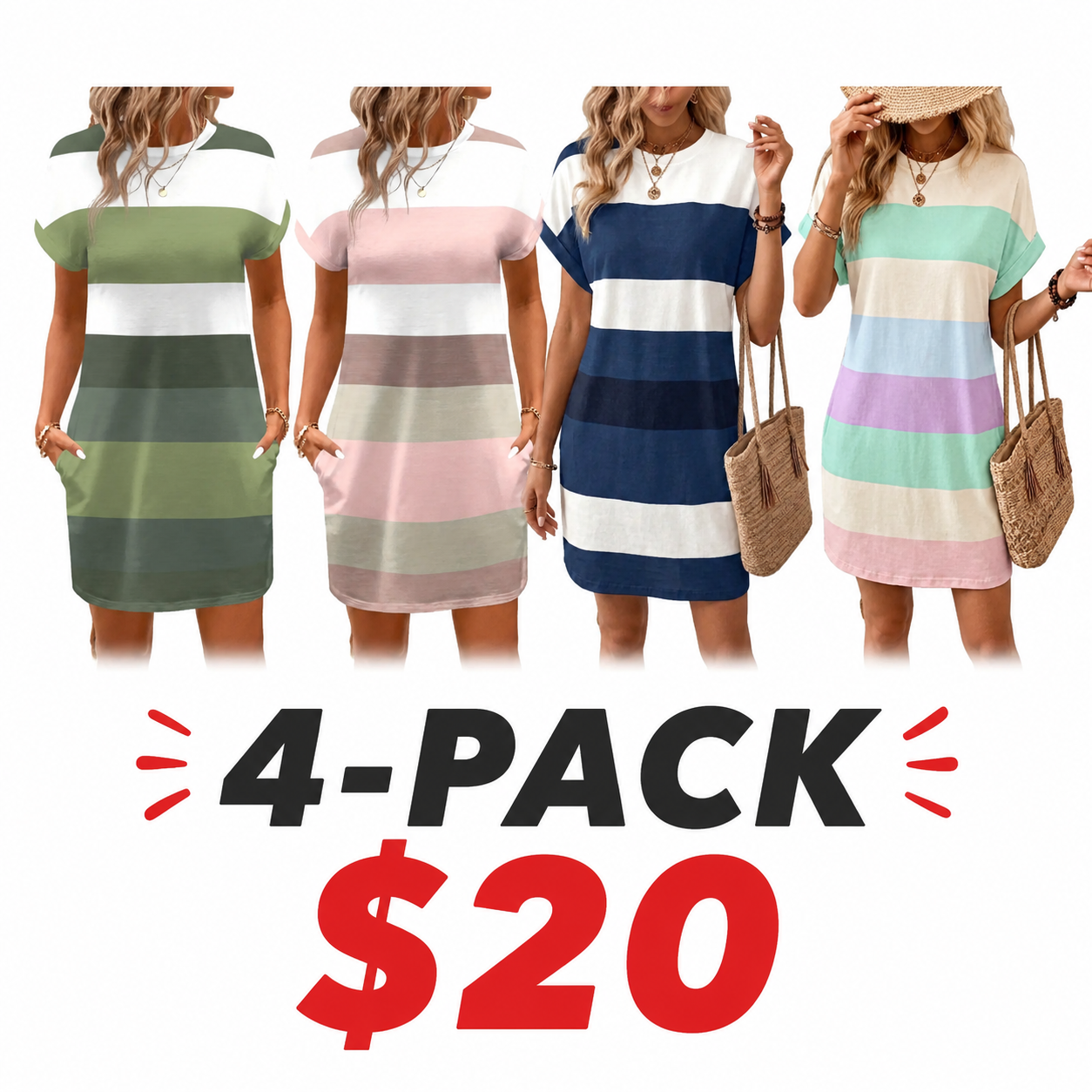 【Plus Size】 Colorblock Striped Print Round Neck Dress