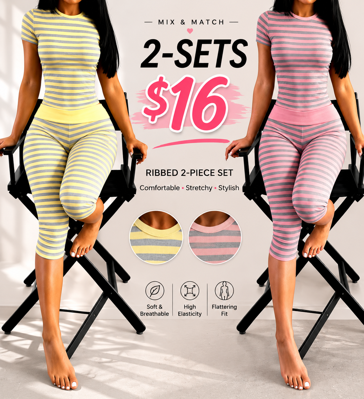 Striped  Lounge  – Slim Crop Top & High Waist Capri
