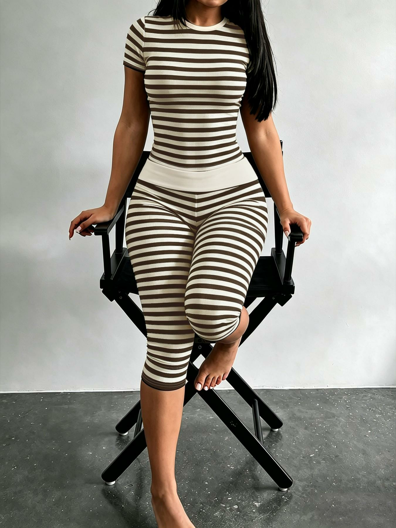 Striped  Lounge  – Slim Crop Top & High Waist Capri