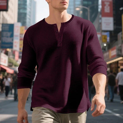 Men's Waffle Knit Long Sleeve Henley Shirt