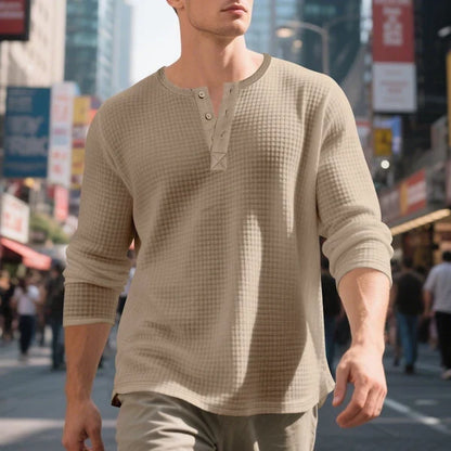 Men's Waffle Knit Long Sleeve Henley Shirt